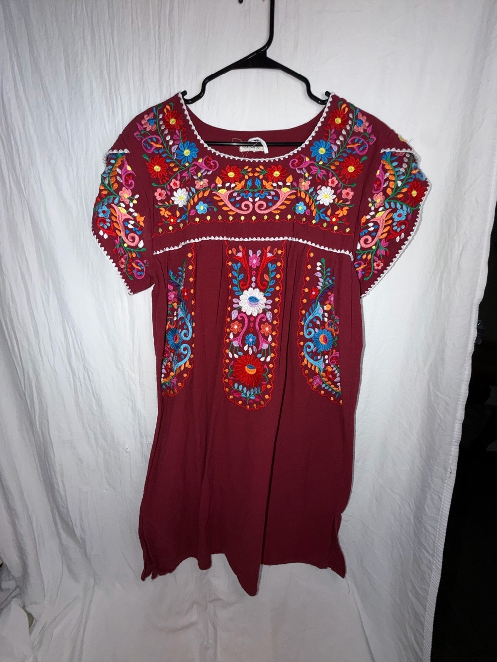 Mexican Embroidered Dress Burgundy Floral Short Sleeve Cotton Tunic XL